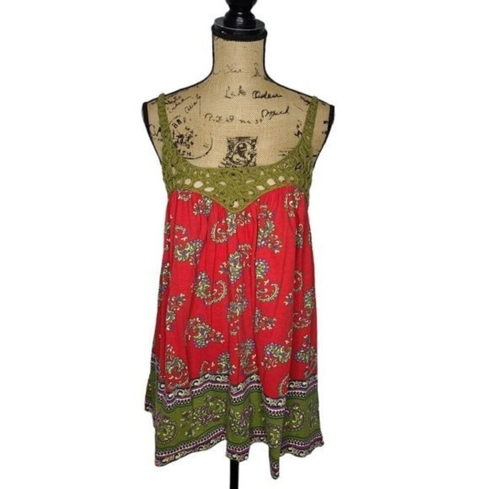 Y2K Colorful Bohemian Open Woven Trim Flowy Red Tank Top